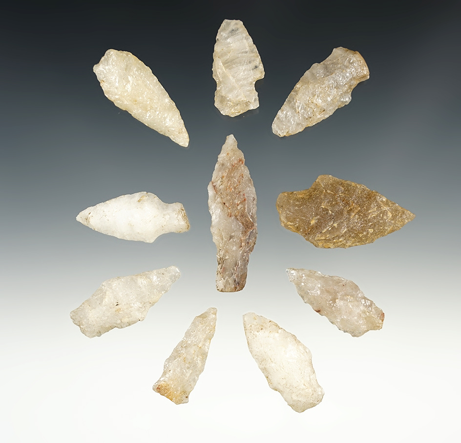 Set of 10 Quartz points found in Suffield, Connecticut. The largest is 2".