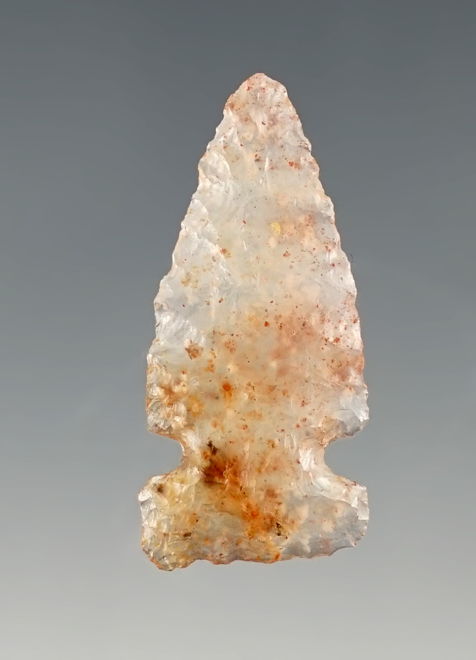 1 1/8" Side Notched Dart point made from Pink and White Translucent Agate.