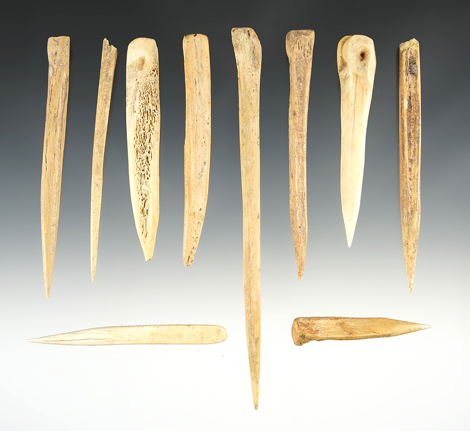 Set of 10 Bone Tools found in New Mexico. The largest is 6 1/8".