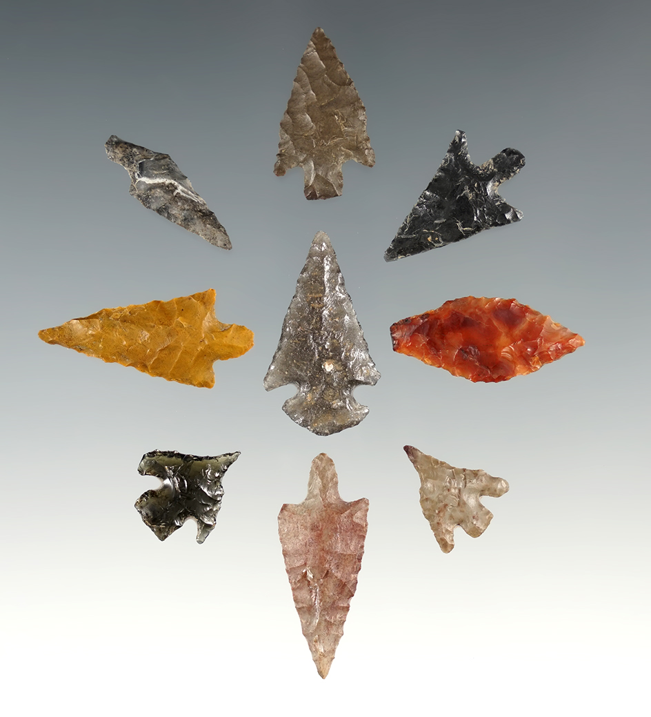 Set of 9 Gem Points found in Klickitat Co., Washington. The largest is 1 1/16".
