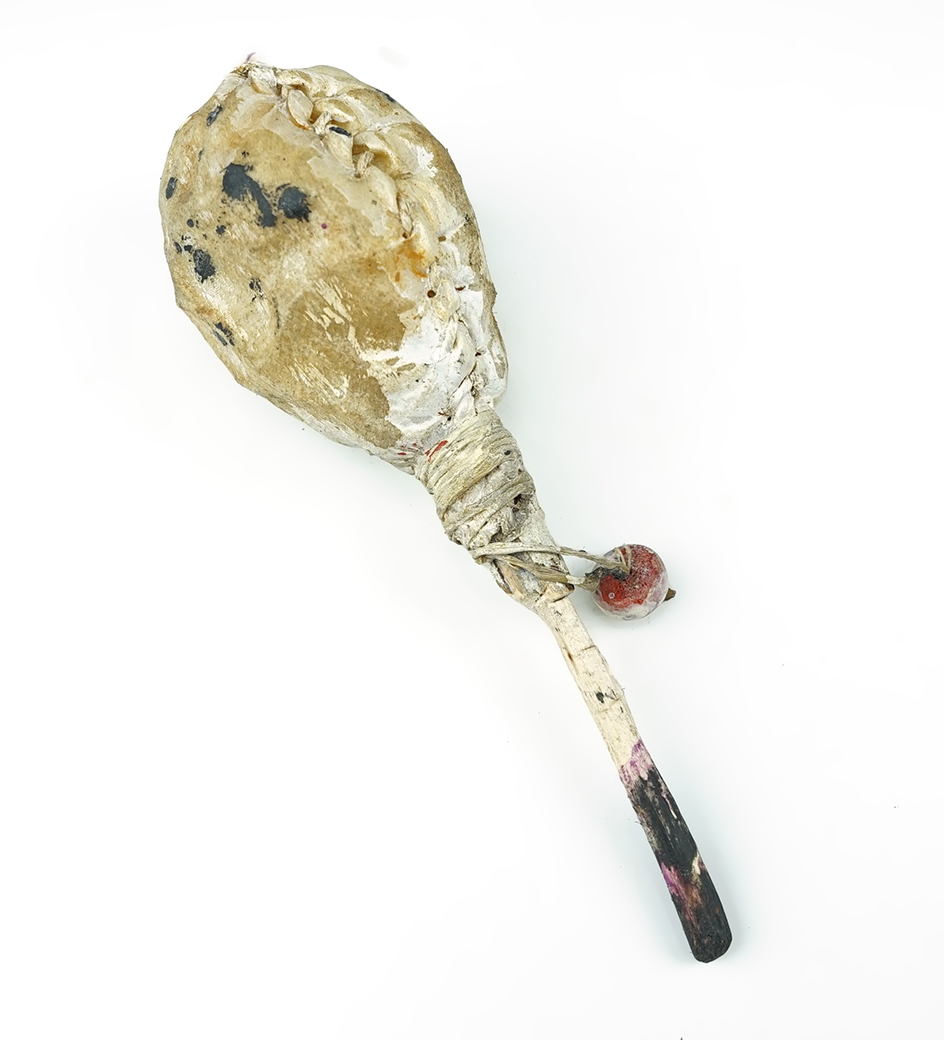 5 3/4" Tall sinew sewn Rattle from the Loveland, Colorado area.