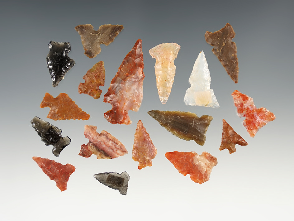 Set of 17 colorful points found in New Mexico. The largest is 1 7/16".