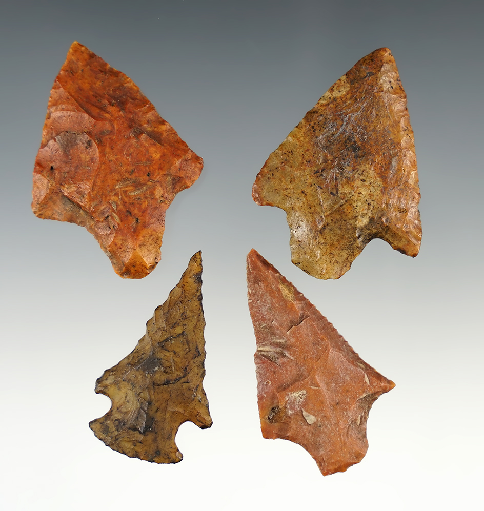 Set of 4 heavily patinated points found near the Santa Fe River, Alachua Co., Florida.
