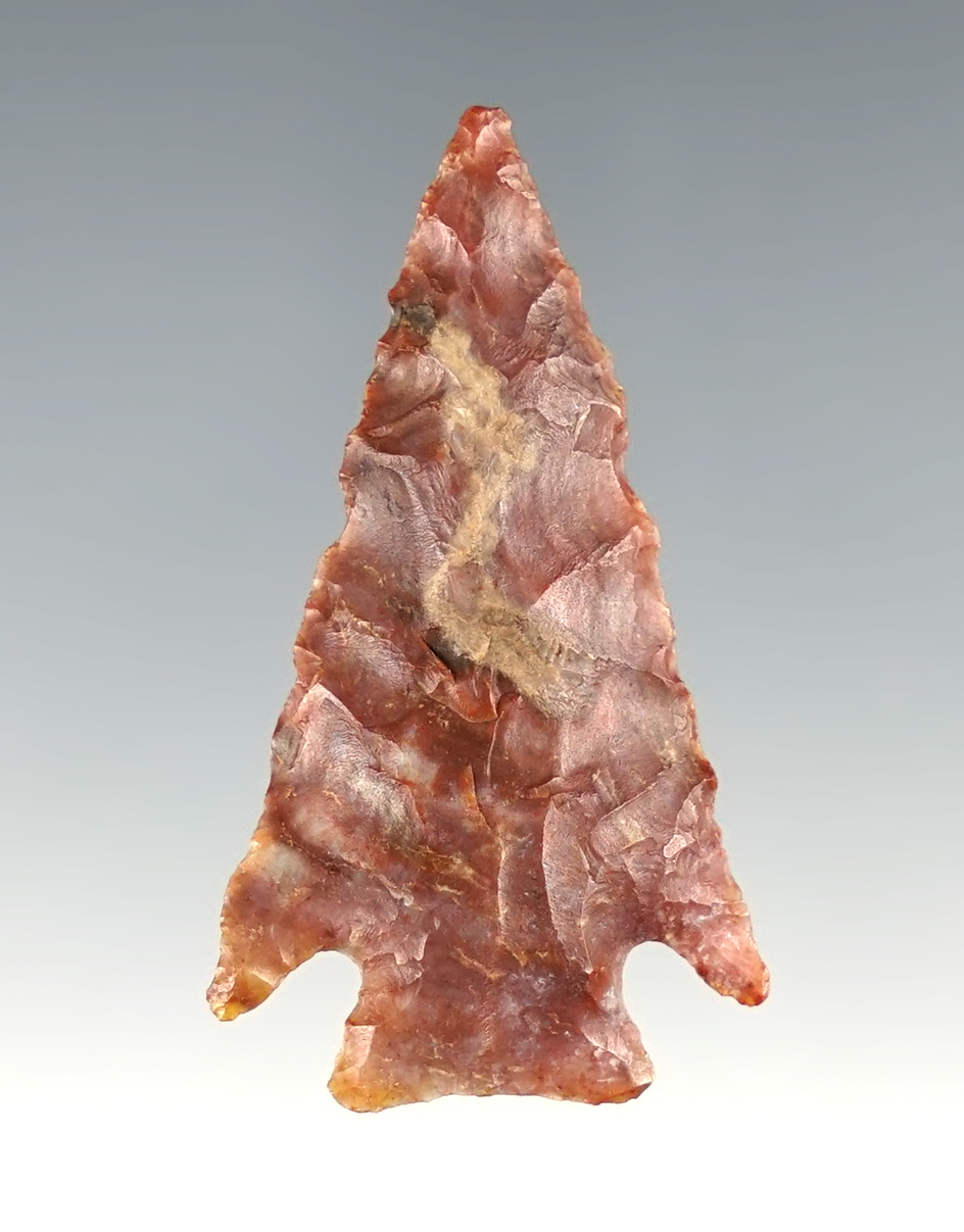 Well made 1 9/16" Corner Notch made from Alibates. Found in Lincoln Co., Colorado.