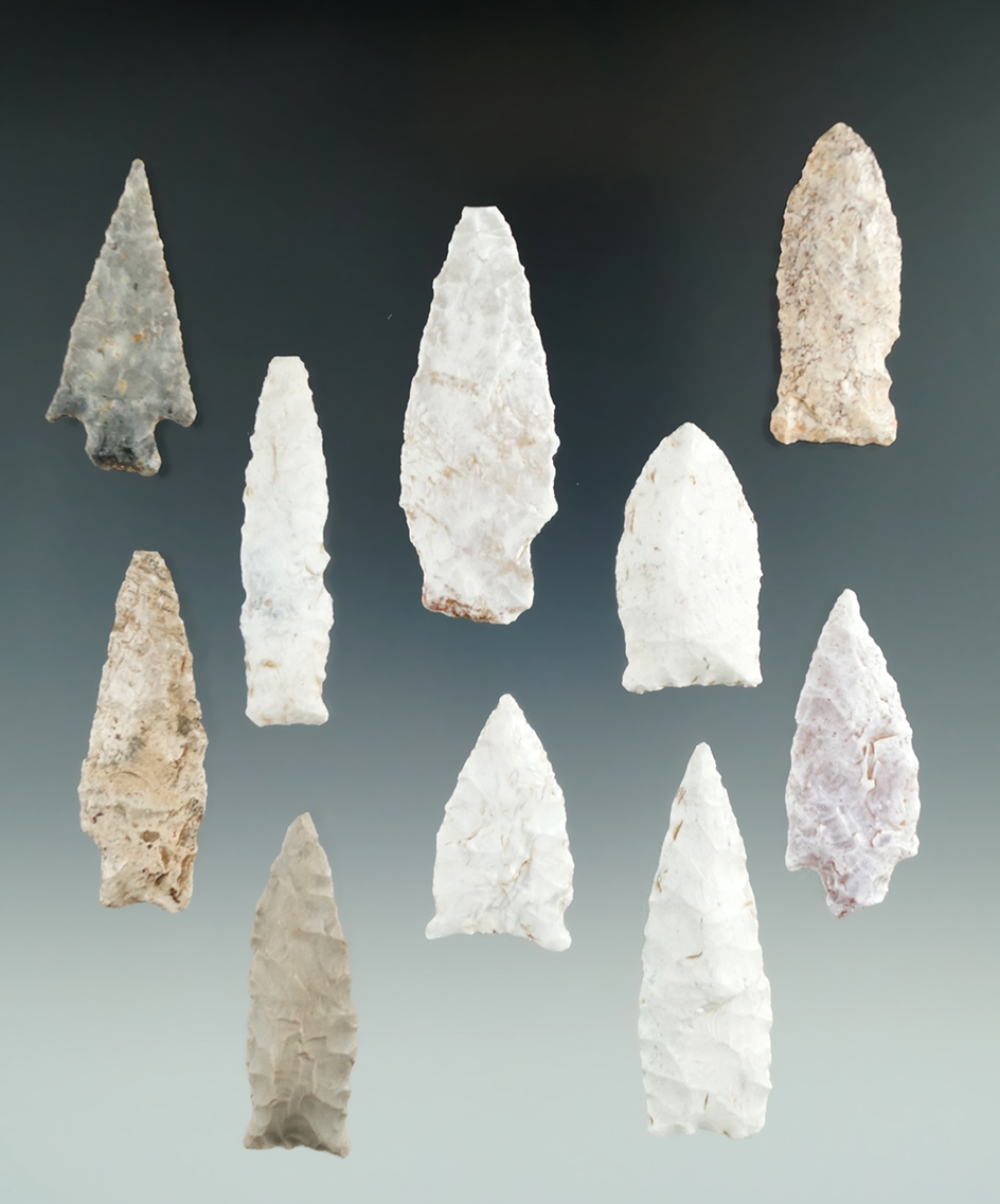 Set of 10 assorted projectile points found in Utah, largest is 2 1/4".