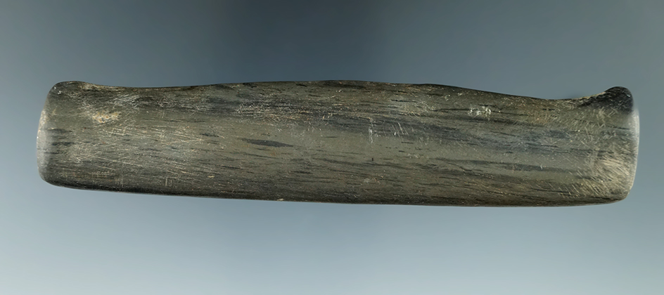 4 7/8" Banded Slate Humped Bar Amulet with raised ends. DeKalb Co., Indiana.