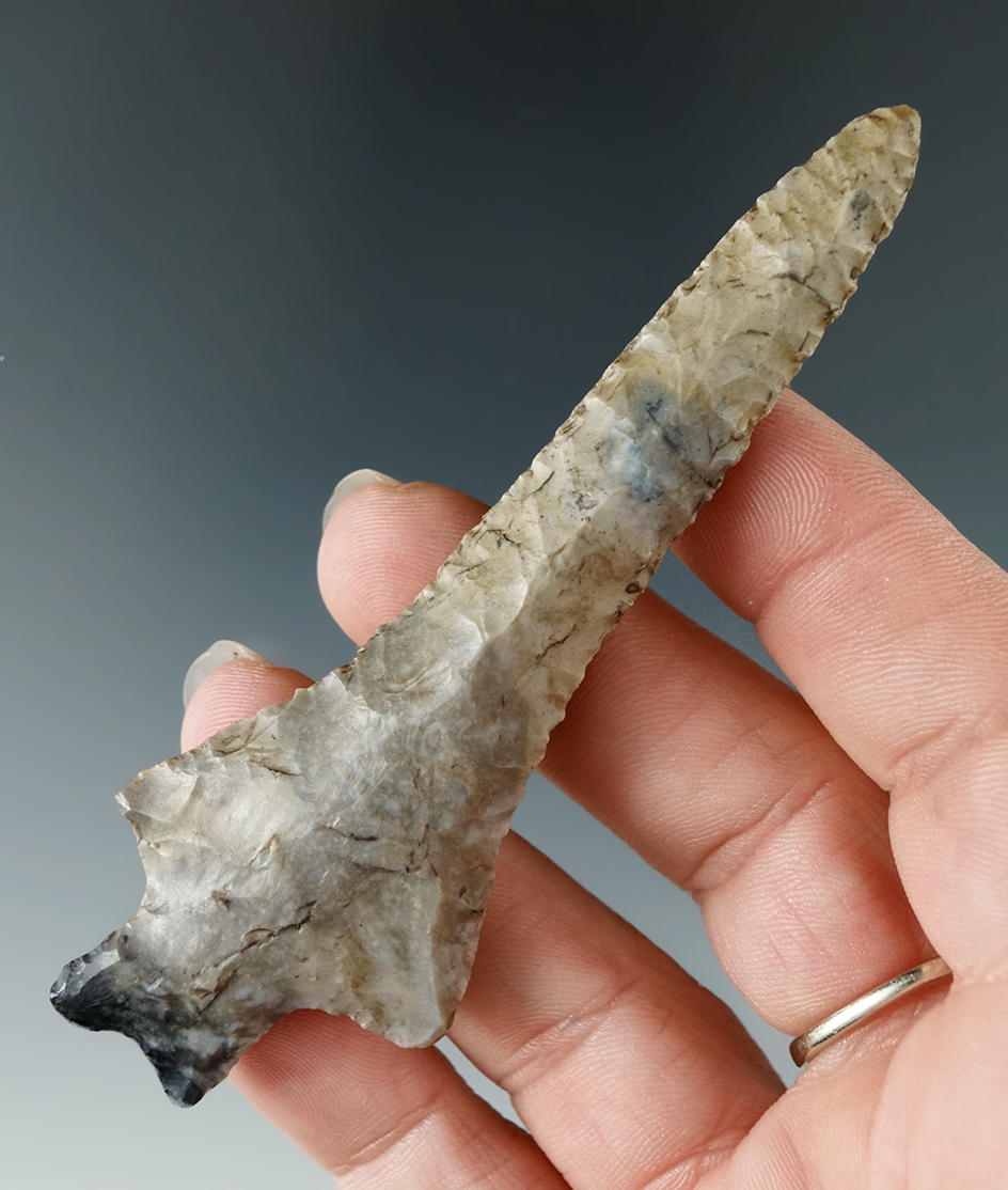 3 3/4" well made Coshocton Flint Bifurcate Drill. Found in Franklin Co., Ohio.