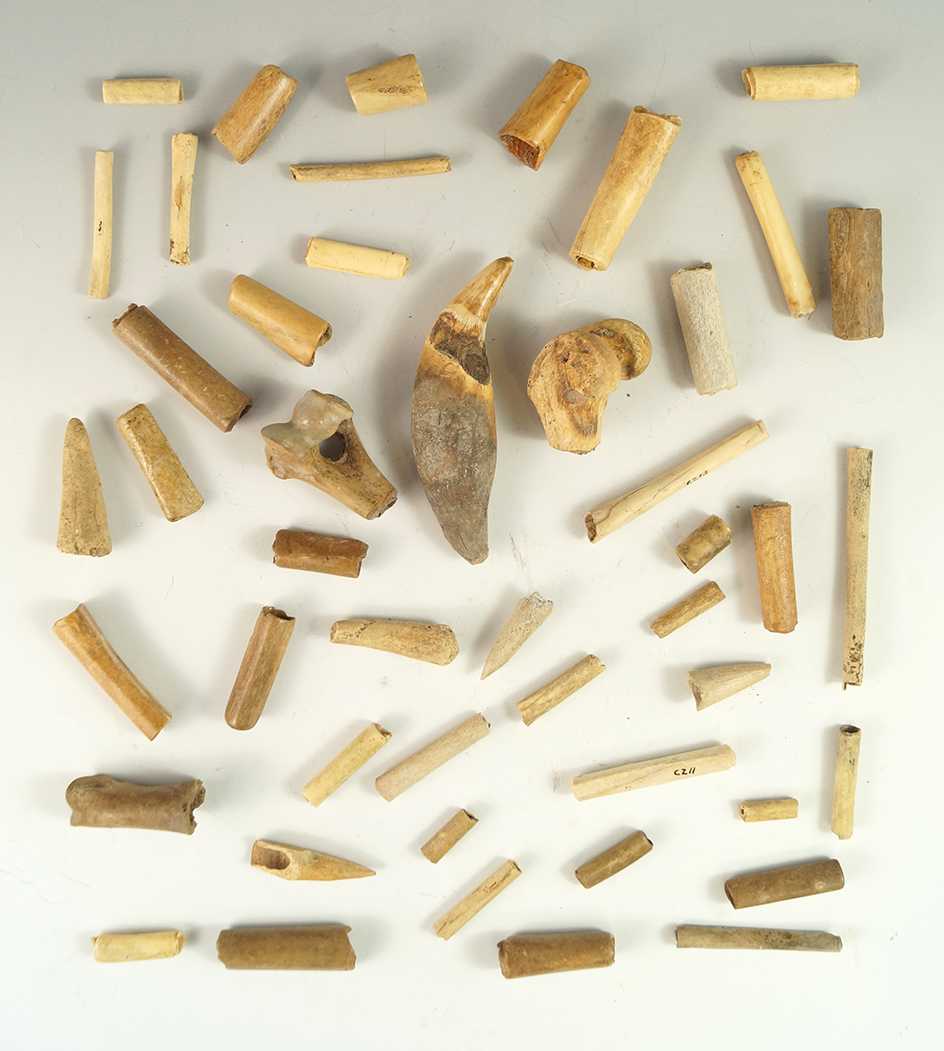 Group of bone artifacts found by Greg LaForme in 1970 at the Reeves site, Lake Co.,  Ohio.