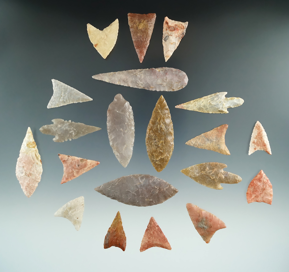 Group of 20 assorted African Neolithic arrowheads found in the northern Sahara desert region.