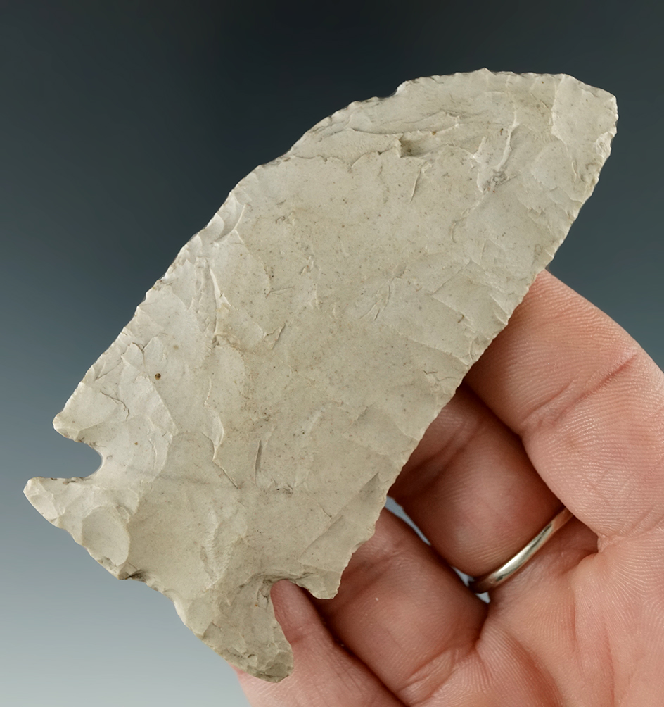 Uniquely styled 3 1/2" Cornernotch Knife with a heavily curved Blade edge found in Michigan.