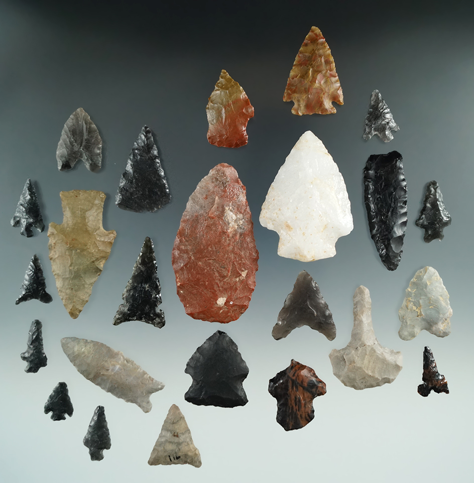 Set of 24 assorted arrowheads found near Milford, Utah. Largest is 2 5/8".