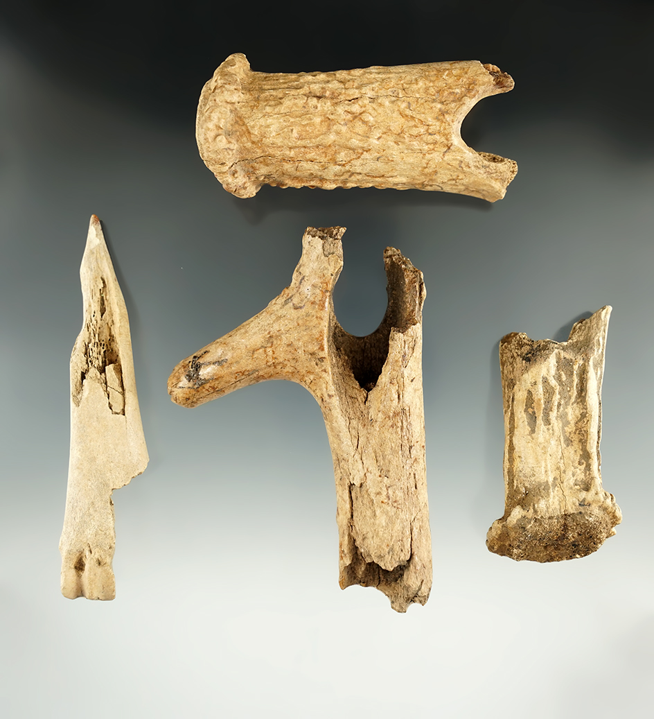 Set of four bone and antler tools found by Art Gerber in Indiana, largest is 4 3/16".