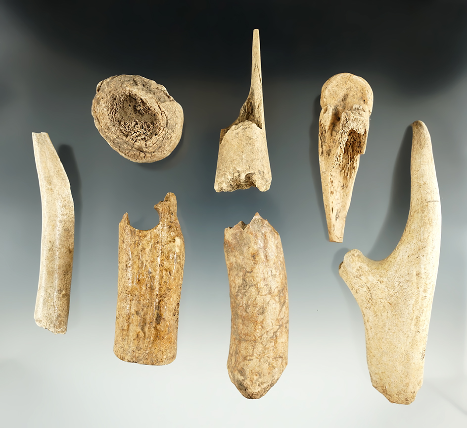 Selection of seven bone tools collected by Art Gerber in Indiana. Largest is 5 3/8".