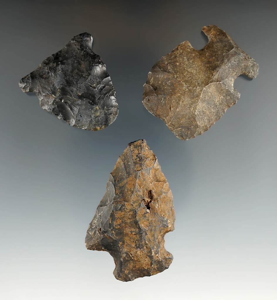 Set of three flaked artifacts, one of which is a 2 1/16" Edgefield scraper.