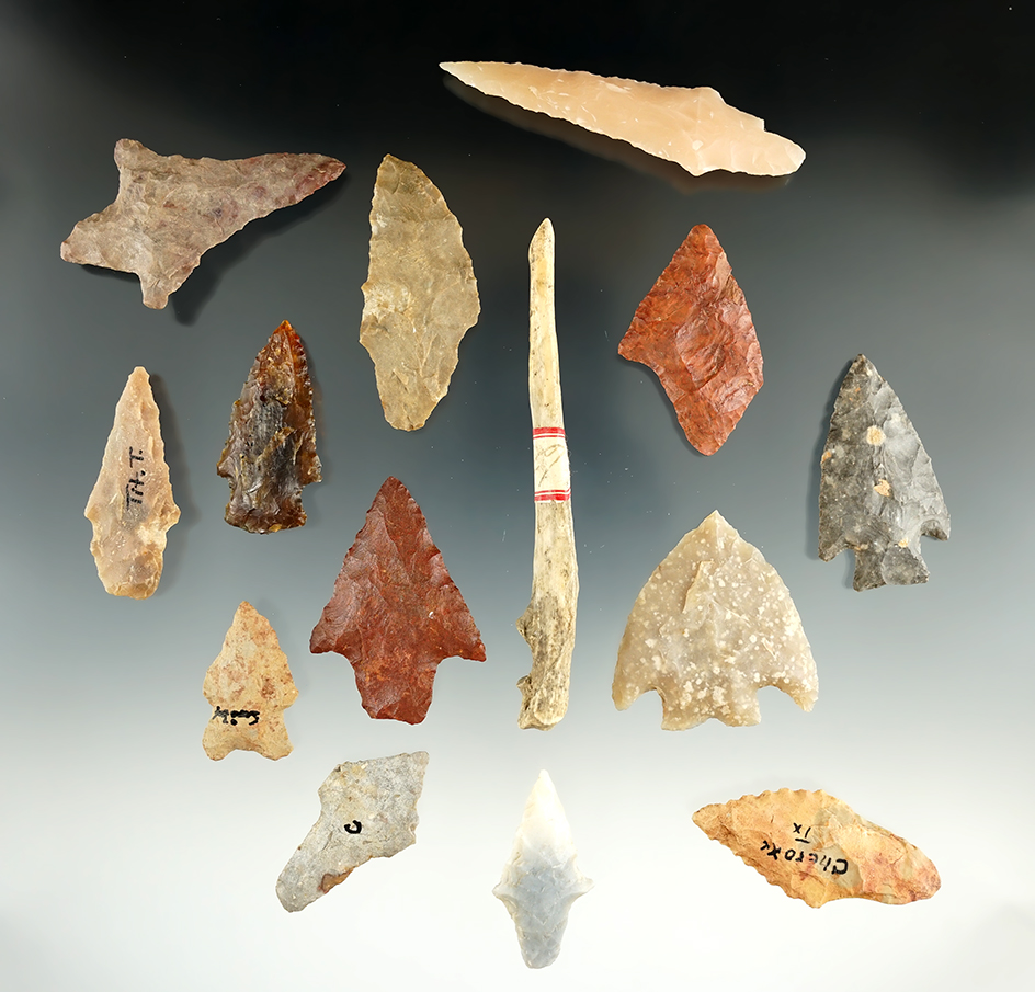 Group of 13 points and one bone awl found in East Texas, largest is 3 3/4".