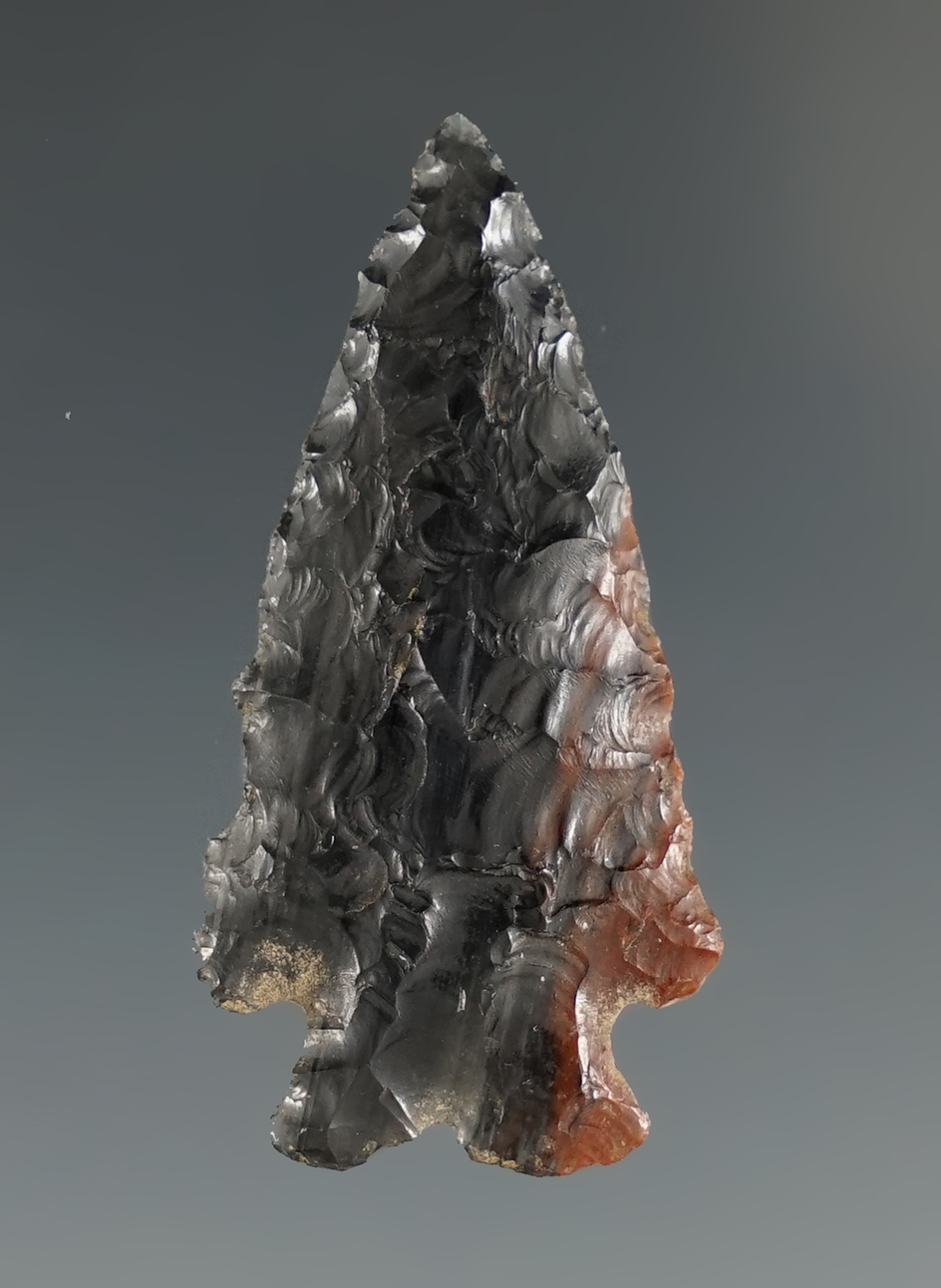 1 7/16" split-stem point made from beautiful triple-flow obsidian found in Fresno Co.,California