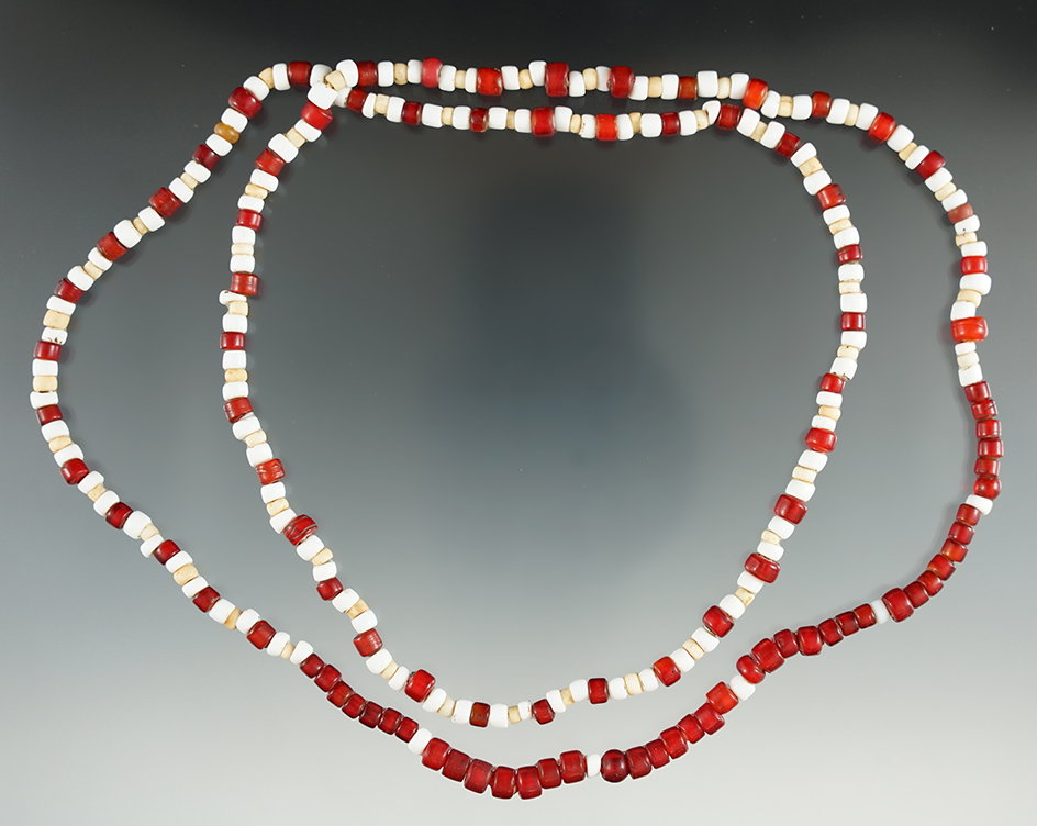 30" long strand of red and white historic era beads found near the Columbia River.