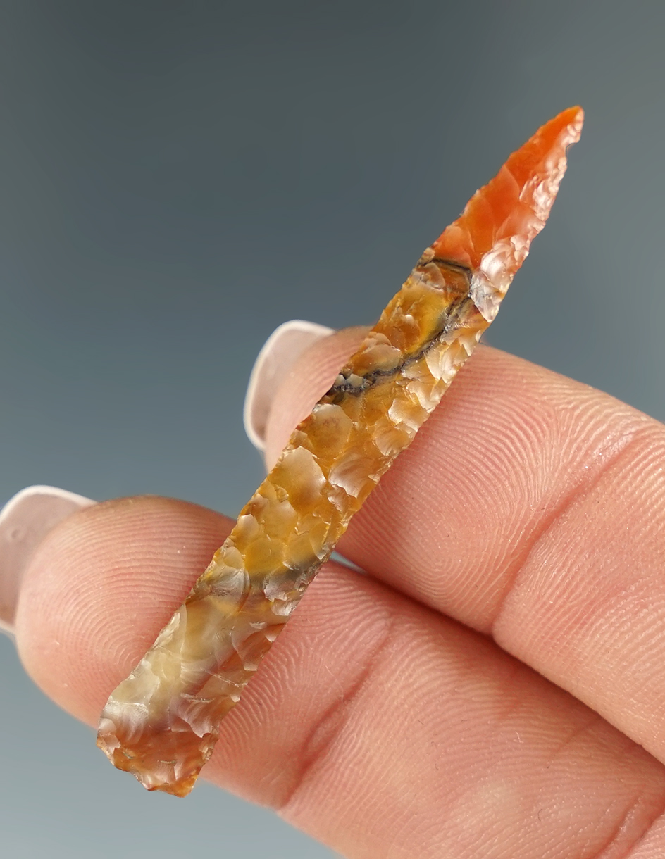 Pictured! Nice 2" finely flaked drill made from gem quality carnelian agate found in Oregon.