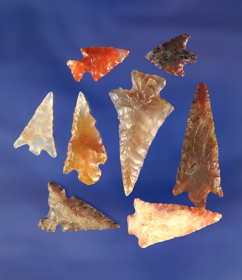 Set of eight assorted Columbia River Gempoints found in Washington and Oregon.