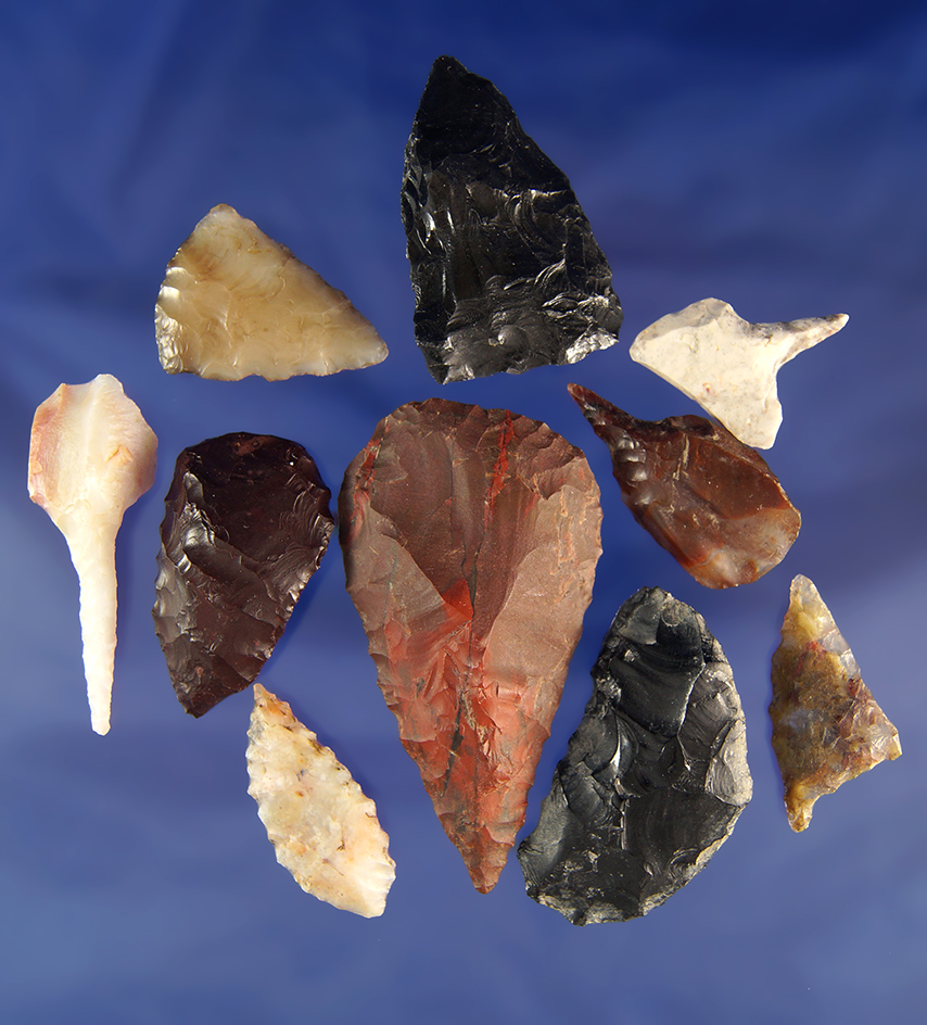 Set of 10 assorted Flint artifacts found in Washington and Oregon, largest is 2 1/2".
