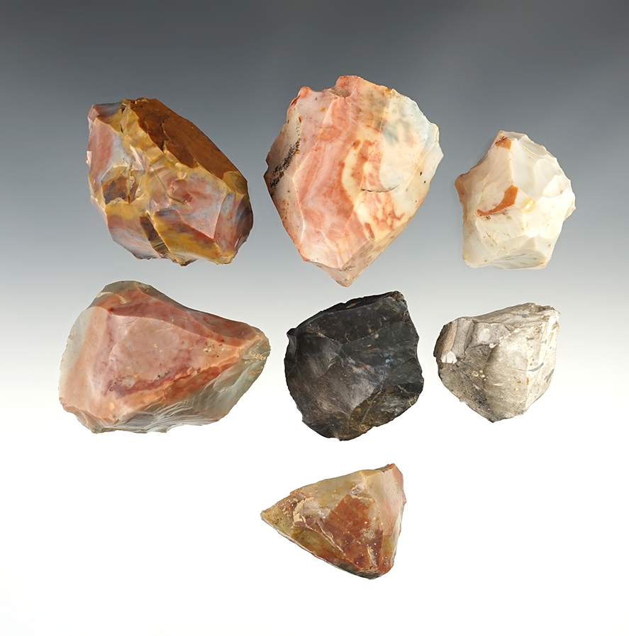 Set of 7 highly colorful Ohio Cores- Flint Ridge flint.