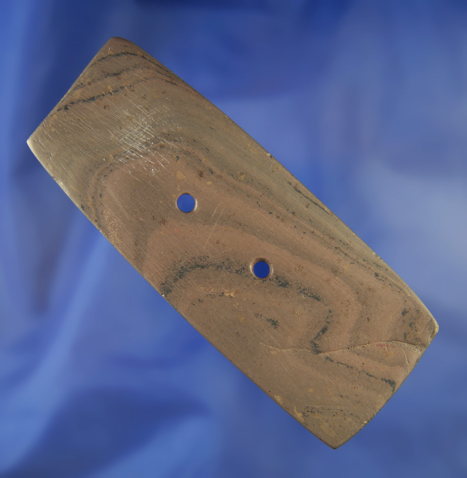 3 15/16" Red Banded Slate Hopewell Gorget that is very fine and thin. Found in Hardin Co., Ohio.