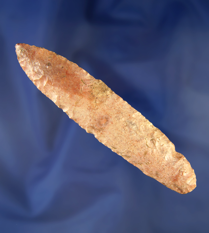 4 7/8" Agate Basin with ground lower edges found in Missouri. Comes with a Jackson COA.