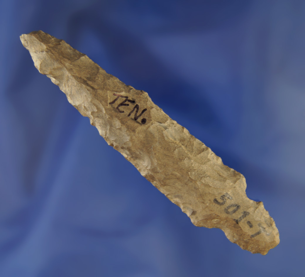 Uniquely styled 3 7/8" Dover Flint Pipe Drill with a Turkeytail style base found in Tennessee.