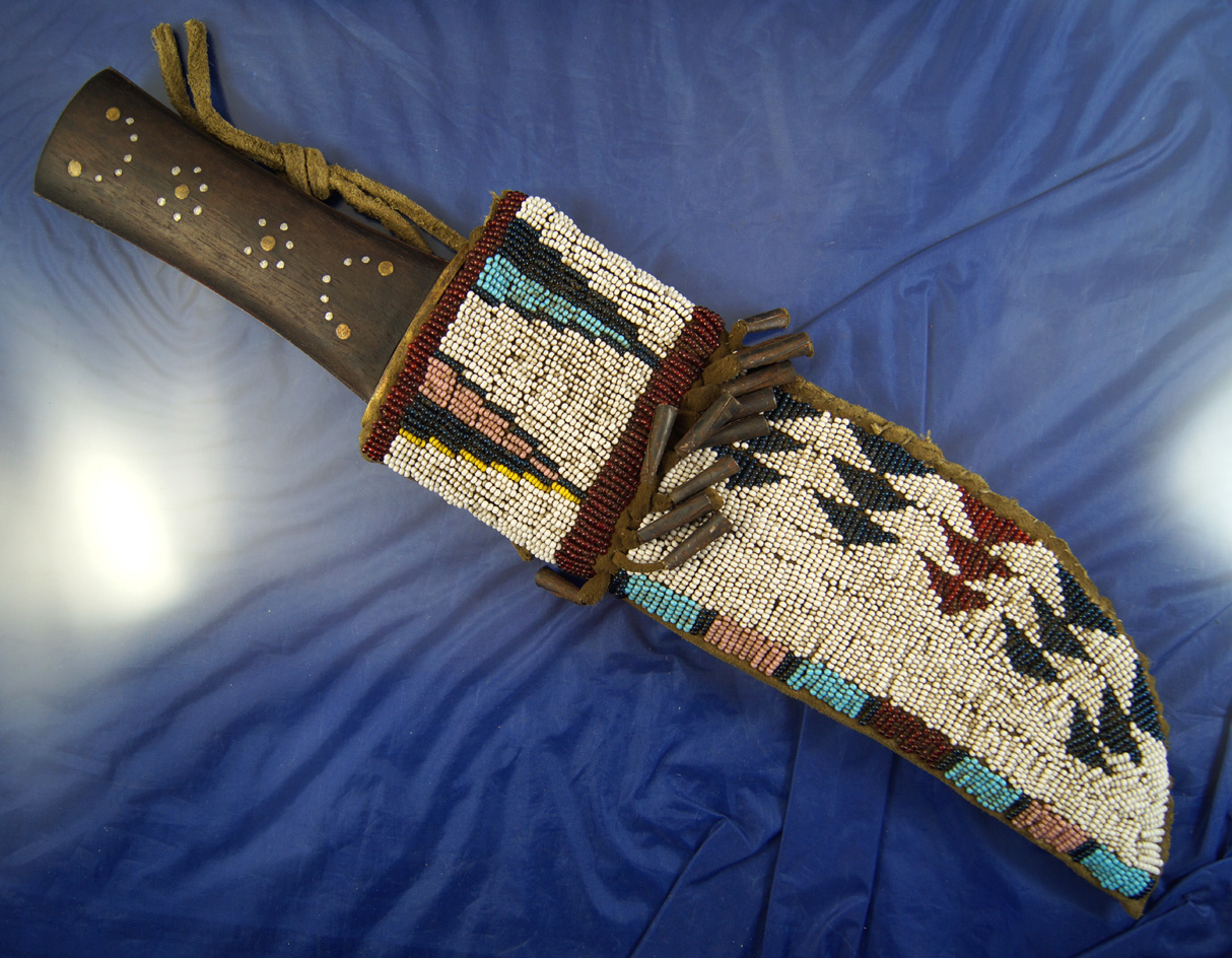 15" Plains Indian Beaded Sheath and Inlaid Knife, great color and sinew sewn with tin cone drops.