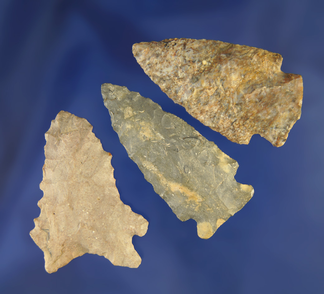 Set of three assorted flaked artifacts found in Champaign Co.,  Ohio, largest is 1 7/8".