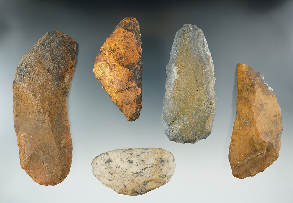 Set of 5 Uniface Knives found in Polk Co., Florida, largest is 4 9/16". Ex. Robert Barr Collection.