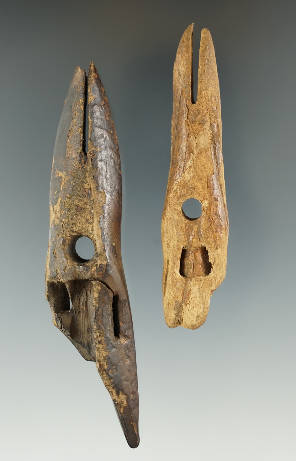 Pair of very old Inuit harpoon toggles found in Alaska. Largest is 3 13/16".