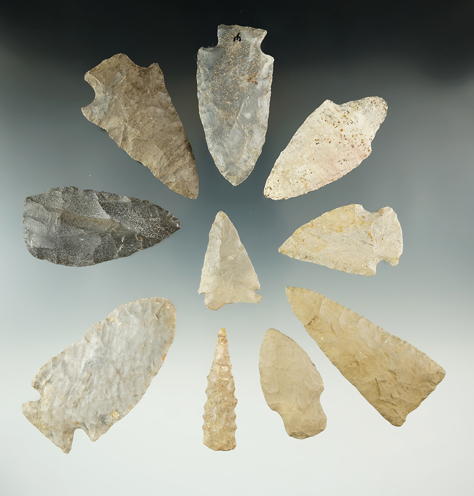 Group of 10 assorted Midwestern flaked artifacts, largest is 2 7/8".