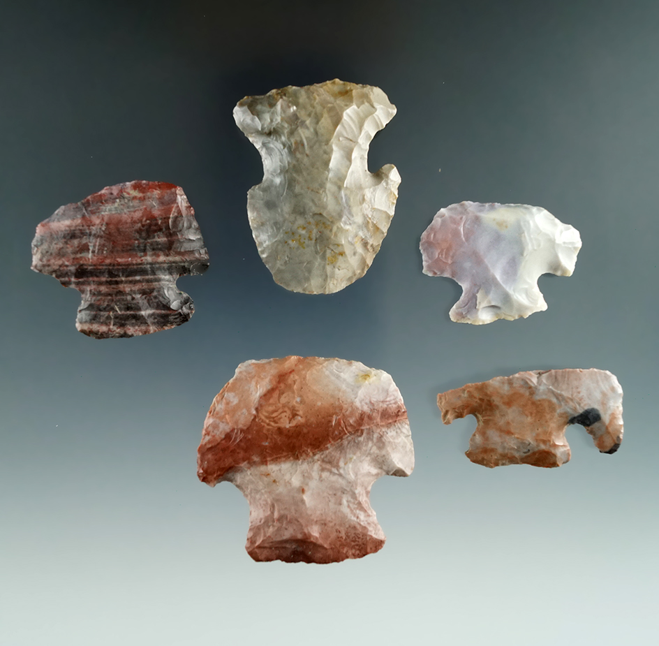 Set of five colorful Flint Ridge, Nethers and Pipe Creek Flint scrapers found in Ashland Co., Ohio.
