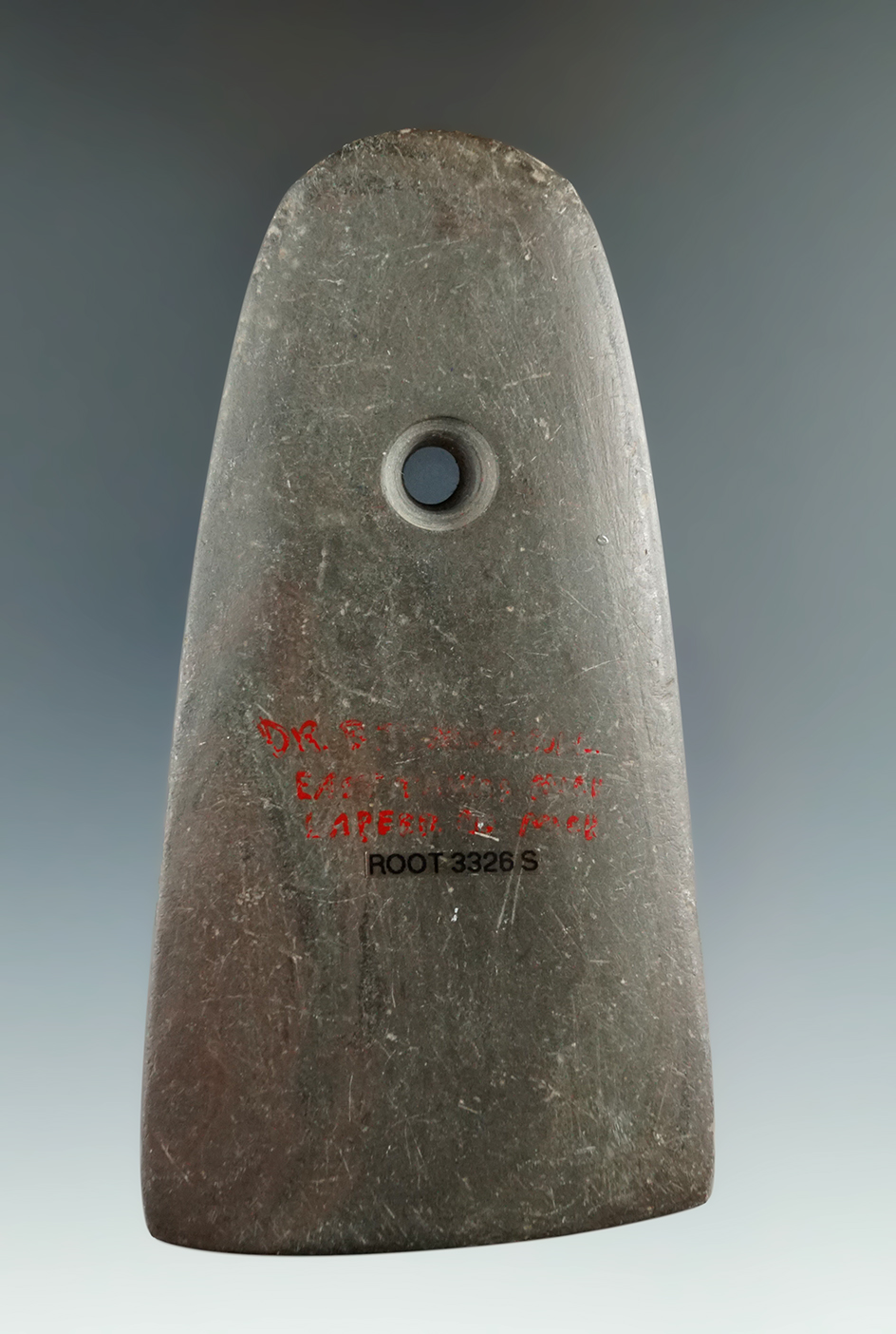 4 7/16" Adena Trapezoidal Pendant made from Mottled Slate, found in Lapeer Co., Michigan.