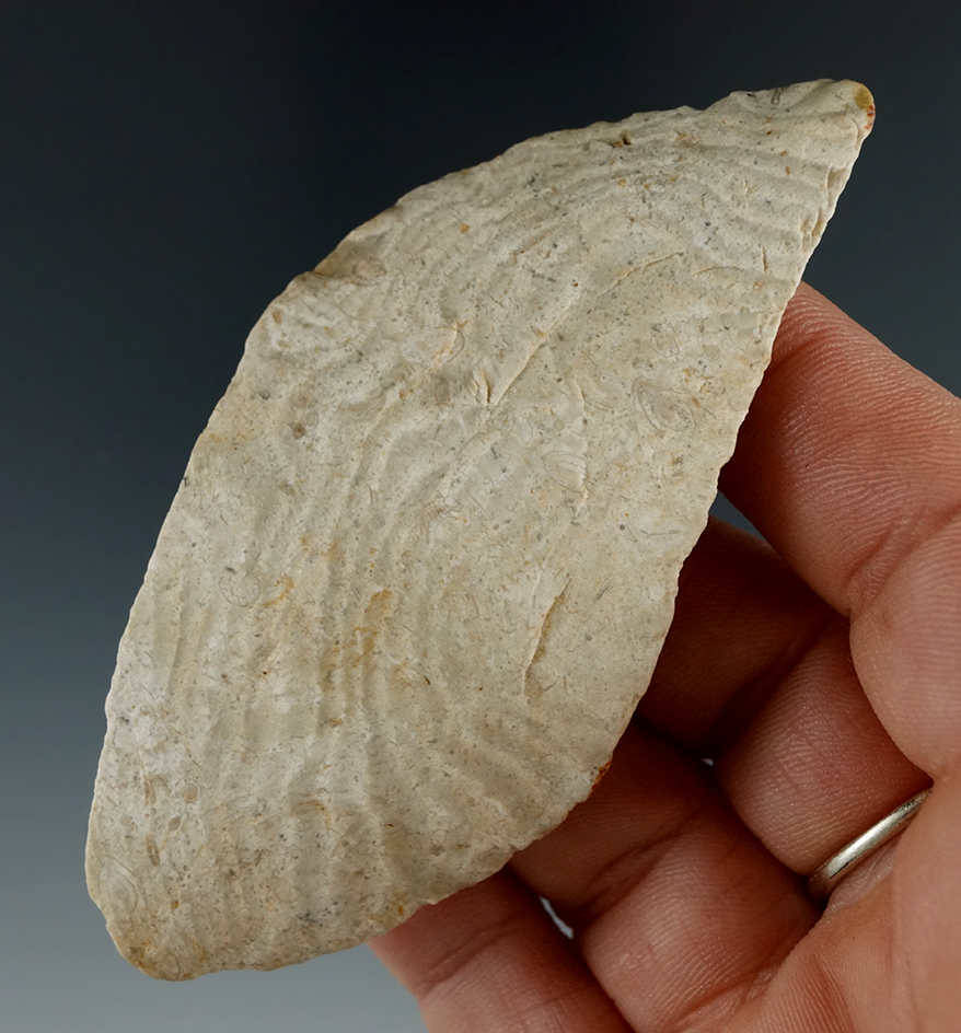 Very unique curved style on this 3 3/8" Harahey Knife found in Kansas.