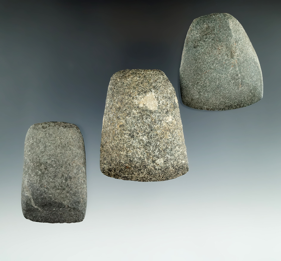 Set of three stone tools found in Michigan including two Celts and an Adze. Largest is 2 1/2".