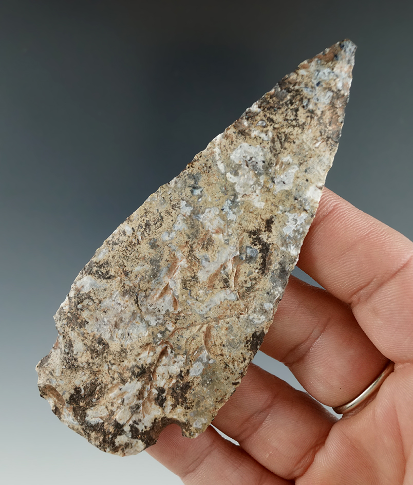 Very thin for size! 3 7/8" Stemmed Knife with heavy mineral deposits on surface found in Utah.