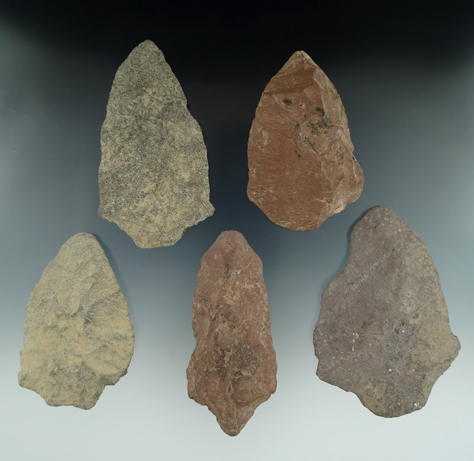 Set of five stone knives found in New Jersey, largest is 4 1/8".