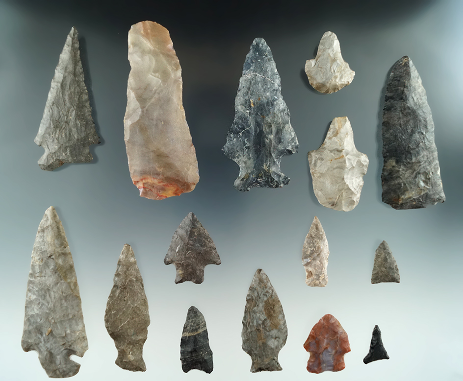 Group of 15 assorted Ohio flints artifacts, largest is 3 1/2".