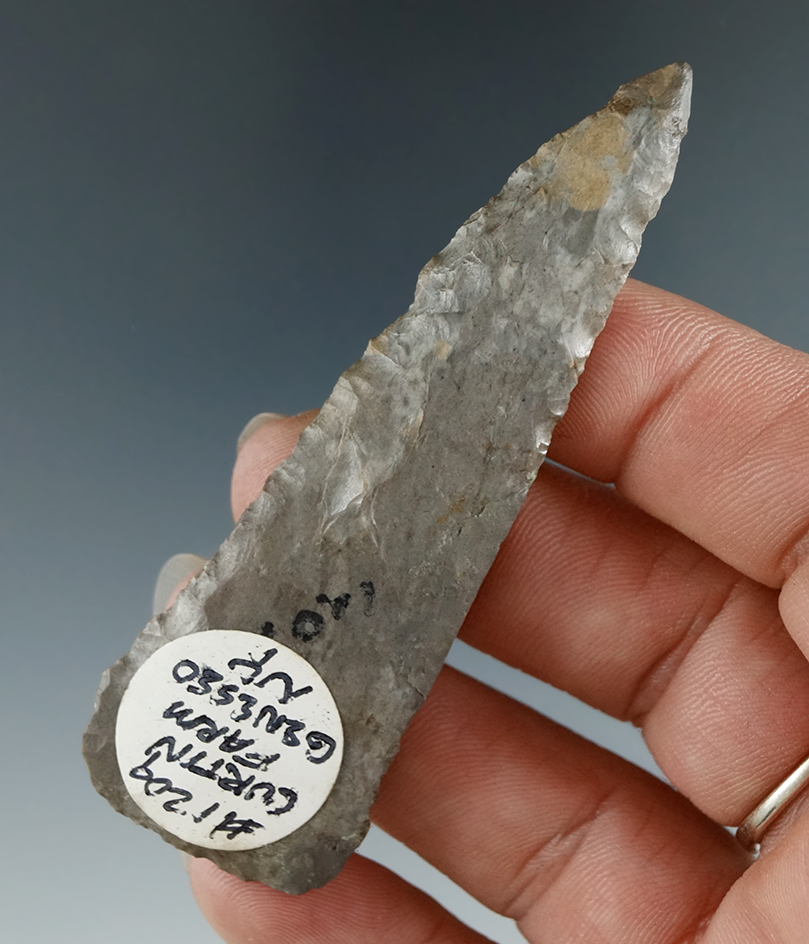 3" Onondaga Flint Triangular Knife with restoration to 1 corner of base and 3/16" of tip.