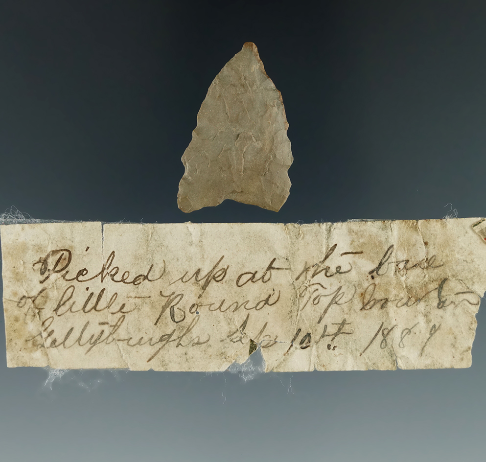 1 1/4" triangular Mississippian arrowhead which came in old box with the original note from 1884