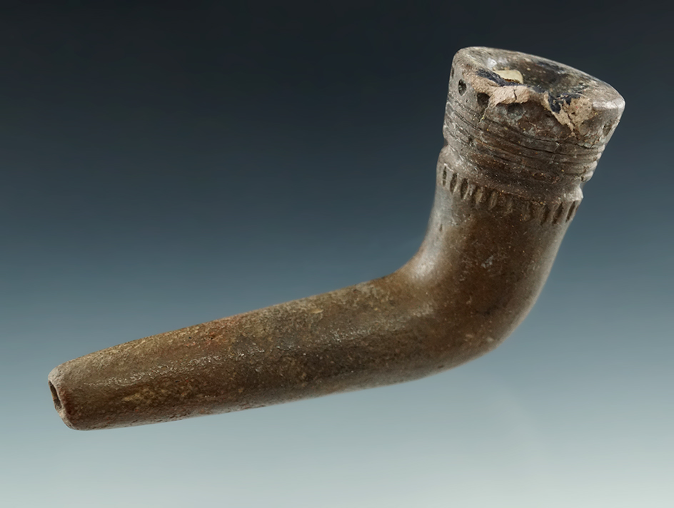 3 1/2" Iroquois clay ring bowl pipe which has been broken and mended at the elbow.  New York.