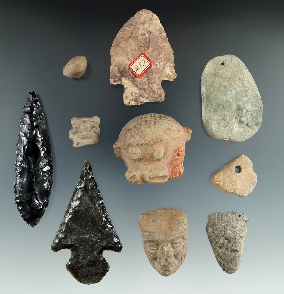 Group of assorted artifacts found in Mexico. Largest is 3 5/16".
