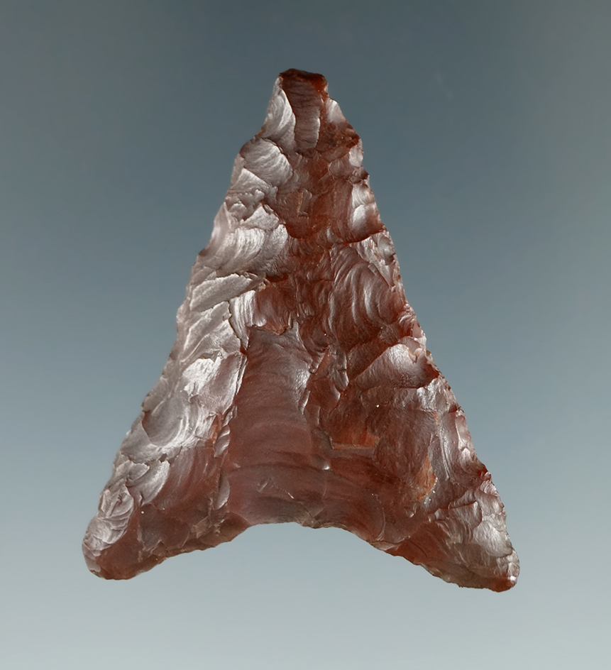 1 7/8"  Triangular point found near Geneva, New York made from attractive purple colored Flint.