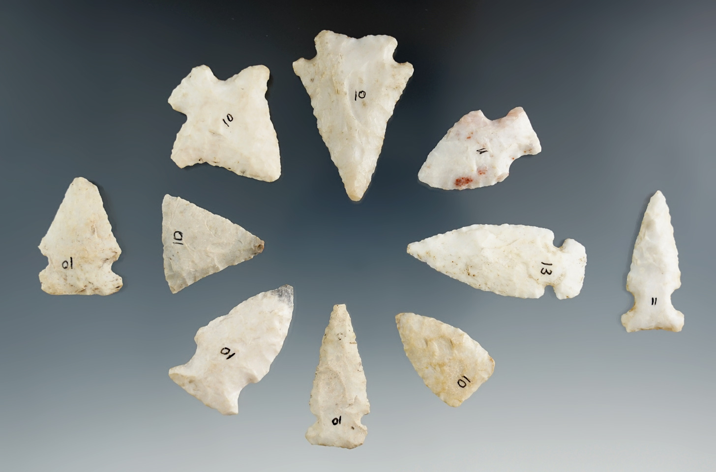 Group of 10 nice points found in Lancaster County Pennsylvania. Largest is 1 5/8".