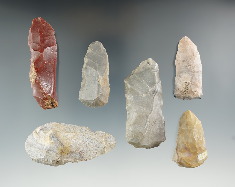 Set of six Paleo Uniface tools found in Ohio, largest is 2 1/2".