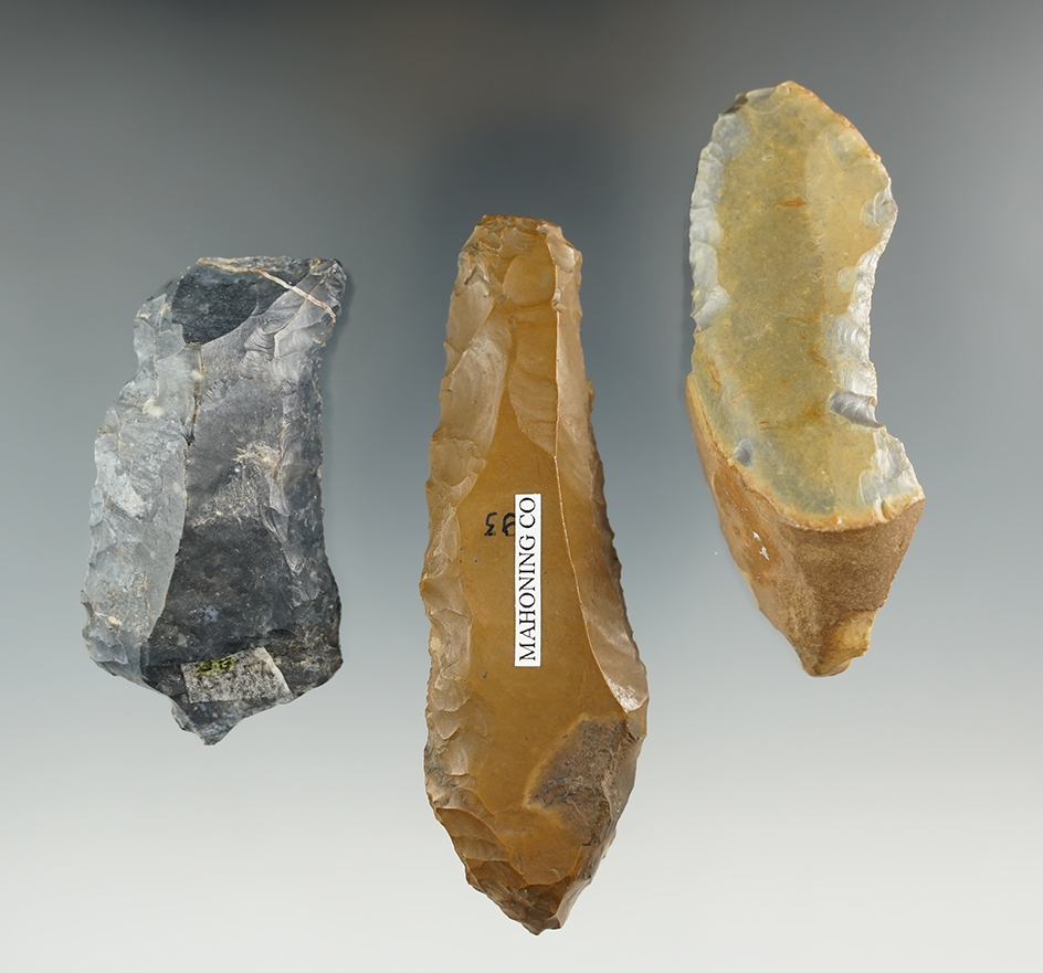 Set of three Uniface Paleo tools found in Ohio, largest is 3 11/16".