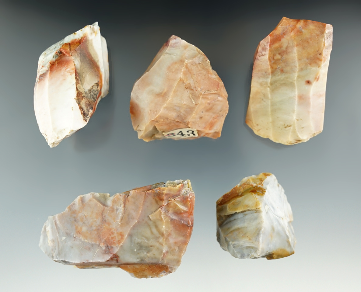 Group of five Flint Ridge Flint Hopewell cores found in Licking County Ohio. Largest is 2 3/4".