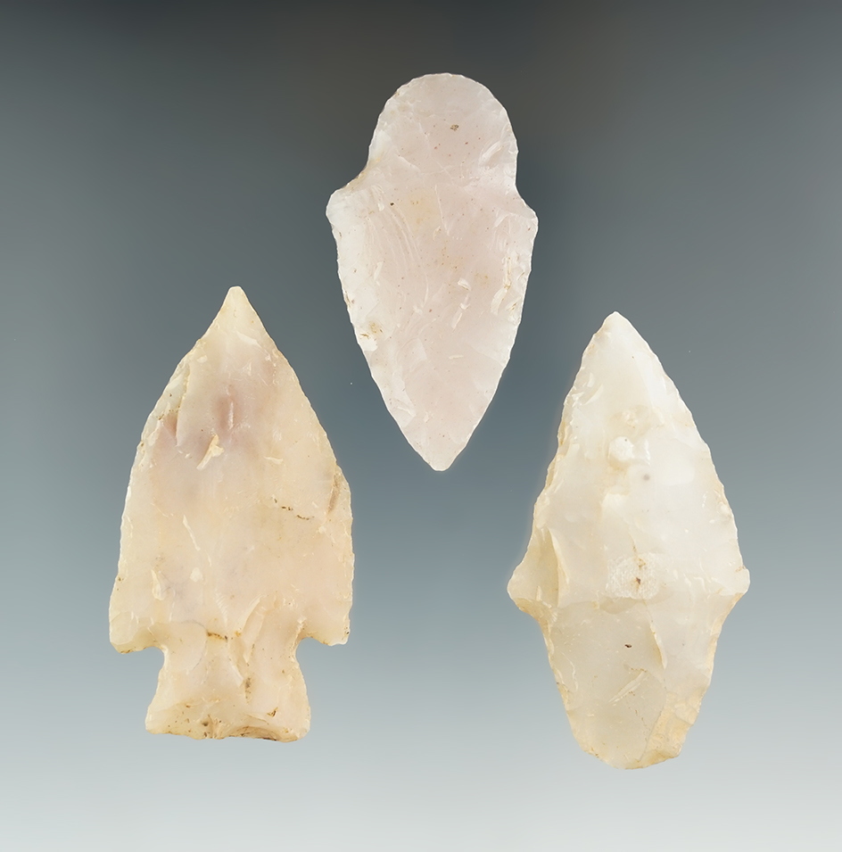 Set of three novaculite points that are nicely flaked found in Arkansas, largest is 2 3/8".